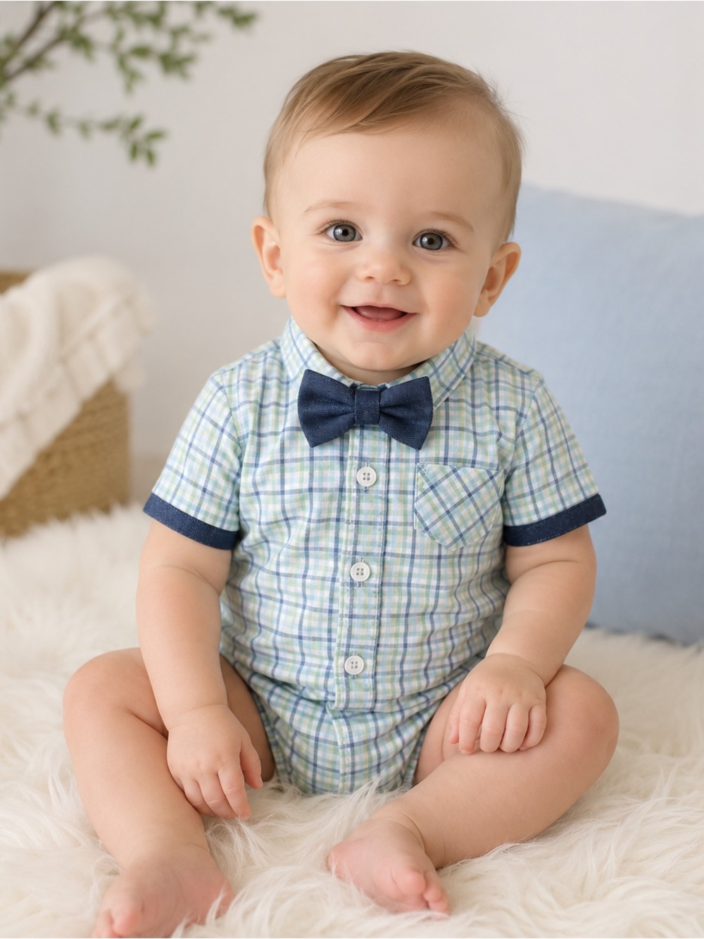 Ben Sherman Plaid Dress Romper Bodysuit w/ Bow Tie 6-9M NWT